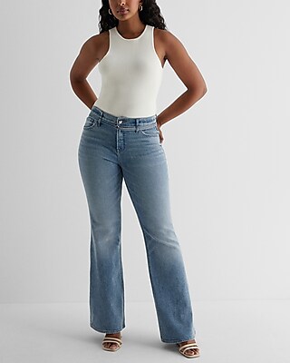 Mid Rise Medium Wash Belted '70s Flare Jeans