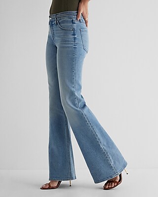 Mid Rise Medium Wash Belted '70s Flare Jeans
