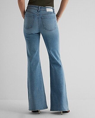 Mid Rise Medium Wash Belted '70s Flare Jeans