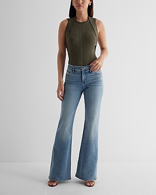Mid Rise Medium Wash Belted '70s Flare Jeans