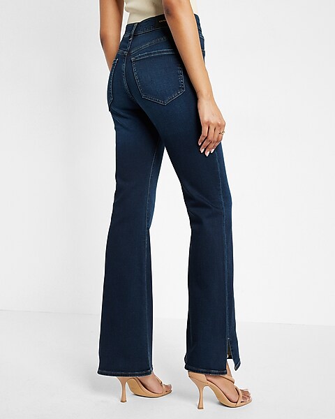 Express, High Waisted Perfect Button Front Flare Jeans in Dark Wash