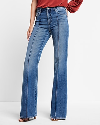 mid rise medium wash front seamed 70s flare jeans