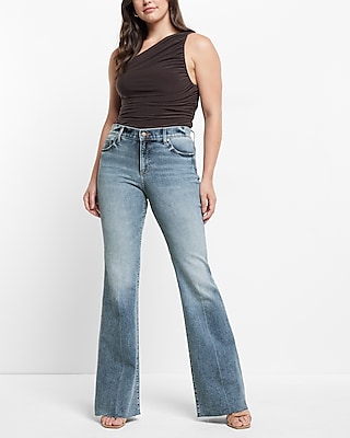 Mid Rise Light Wash Raw Hem '70s Flare Jeans