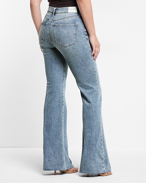Express, Mid Rise Dark Khaki Raw Hem 70S Flare Jeans in Hazelnut