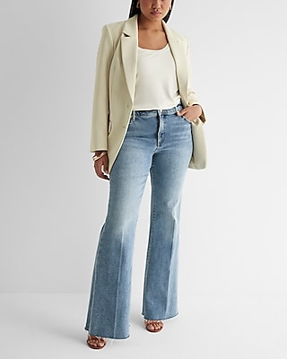 Mid Rise Light Wash Raw Hem '70s Flare Jeans