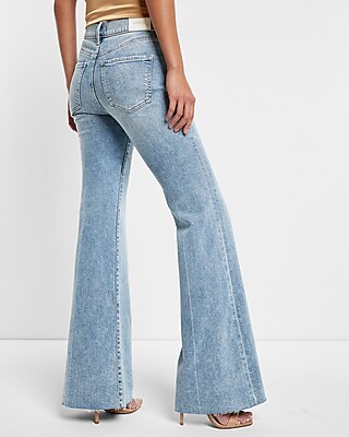 Mid Rise Light Wash Raw Hem '70s Flare Jeans