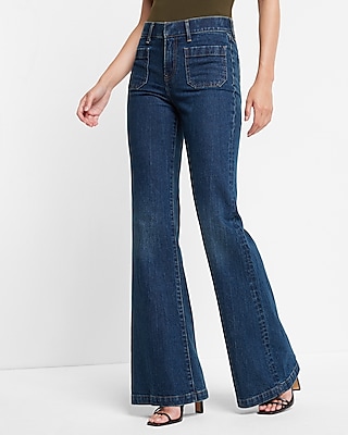 Mid Rise Dark Wash Patch Pocket '70s Flare Jeans | Express