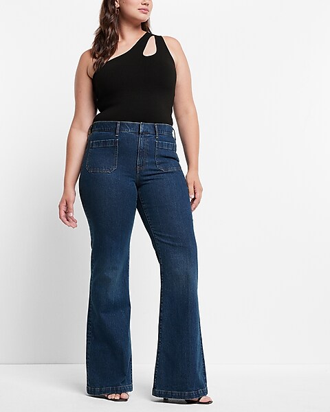 Mid Rise Dark Wash Patch Pocket '70s Flare Jeans