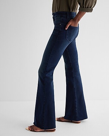 Women's Vintage 70s Flare Bottom Jeans Fashion Destroyed Flare Denim Pants  Mid Waist Slim Denim Pants with Pockets Dark Blue at  Women's Jeans  store
