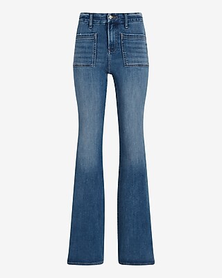 Mid Rise Medium Wash Patch Pocket Flexx '70s Flare Jeans | Express