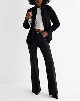 Mid Rise Washed Black Ripped '70s Flare Jeans