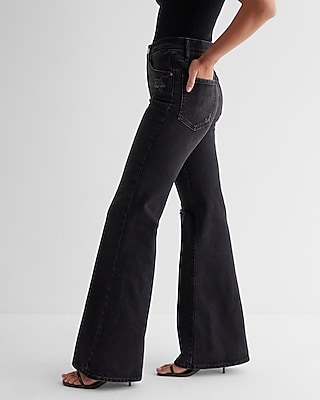 Mid Rise Washed Black Ripped '70s Flare Jeans