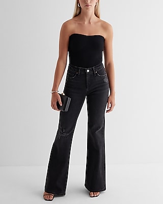 Mid Rise Washed Black Ripped '70s Flare Jeans