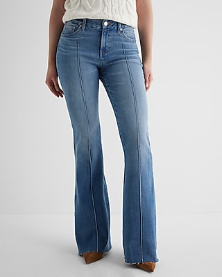 Mid Rise Medium Wash Pintuck Raw Hem Flexx '70s Flare Jeans
