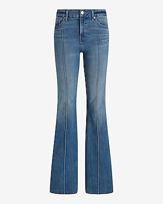 Mid Rise Medium Wash Pintuck Raw Hem FlexX '70s Flare Jeans