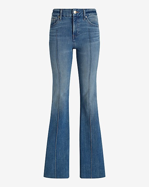 Mid Rise Medium Wash Pintuck Raw Hem Flexx '70s Flare Jeans | Express