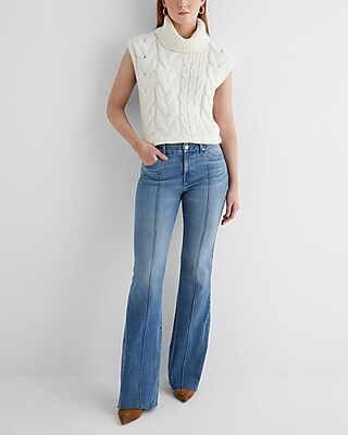 Mid Rise Medium Wash Pintuck Raw Hem FlexX '70s Flare Jeans