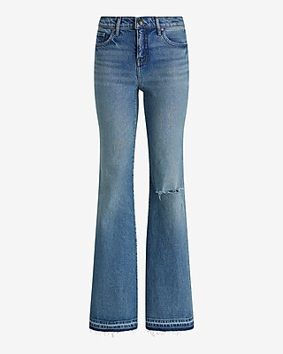 Mid Rise Medium Wash Raw Drop Hem '70s Flare Jeans