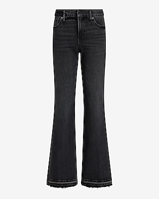 Mid Rise Black Raw Drop Hem '70s Flare Jeans