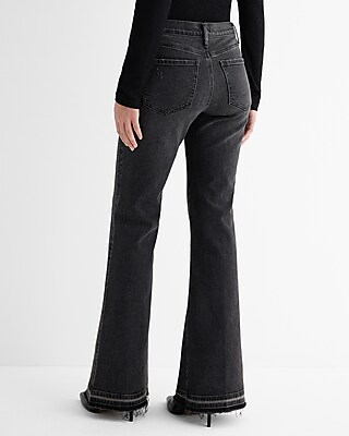 Mid Rise Black Raw Drop Hem '70s Flare Jeans