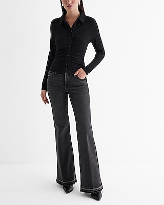 Mid Rise Black Raw Drop Hem '70s Flare Jeans