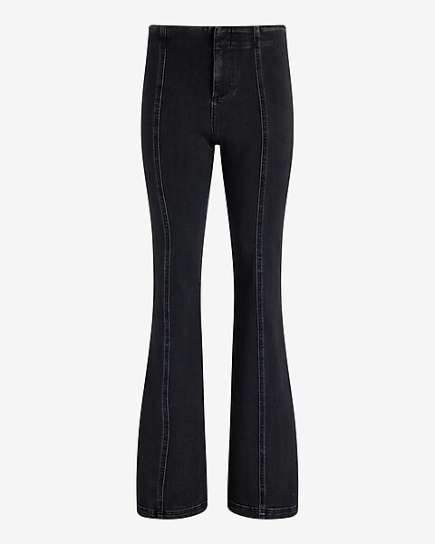 Express, Mid Rise Black 70S Flare Jeans in Pitch Black