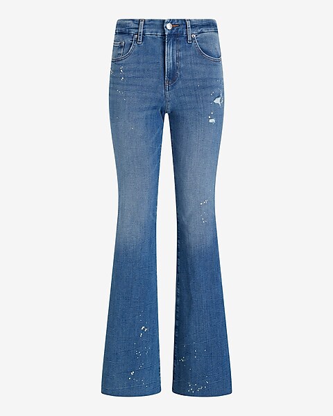 Mid Rise Medium Wash Splatter Paint Flexx '70s Flare Jeans