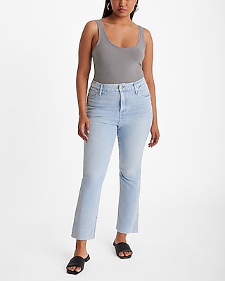 High Waisted Light Wash Raw Hem FlexX Cropped Flare Jeans