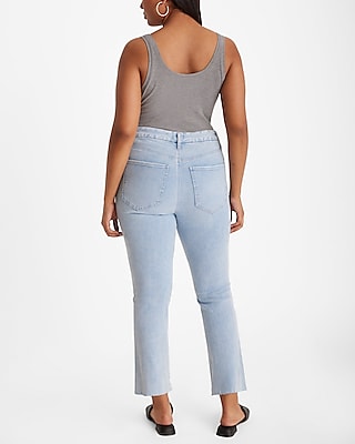 High Waisted Light Wash Raw Hem FlexX Cropped Flare Jeans