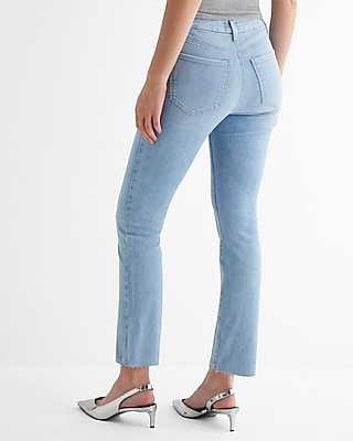 High Waisted Light Wash Raw Hem FlexX Cropped Flare Jeans