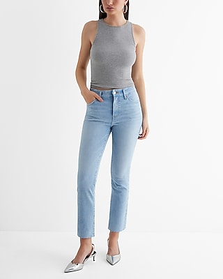 High Waisted Light Wash Raw Hem FlexX Cropped Flare Jeans