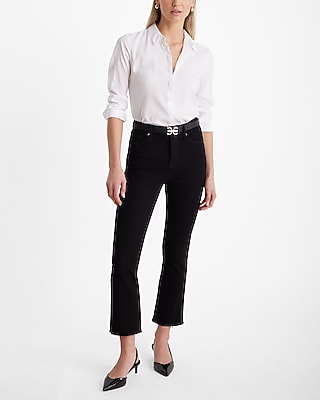 High Waisted Black Rinse Raw Hem FlexX Cropped Flare Jeans - image 4