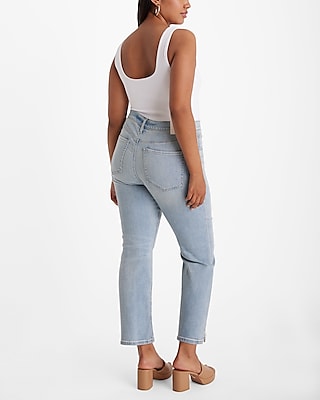 High Waisted Light Wash Slit Hem Cropped Flare Jeans