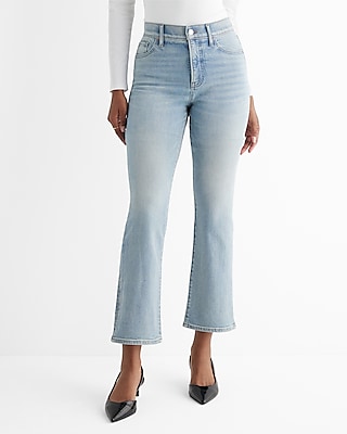 High Waisted Light Wash Slit Hem Cropped Flare Jeans