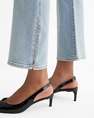 High Waisted Light Wash Slit Hem Cropped Flare Jeans