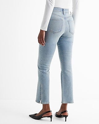 High Waisted Light Wash Slit Hem Cropped Flare Jeans