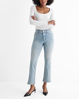 High Waisted Light Wash Slit Hem Cropped Flare Jeans