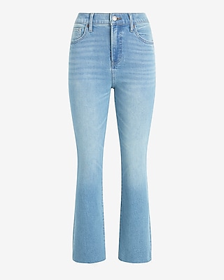 High Waisted Light Wash Raw Hem Cropped Flare Jeans