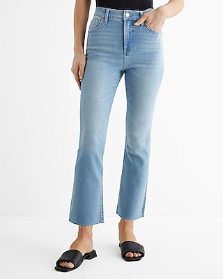 High Waisted Light Wash Raw Hem Cropped Flare Jeans