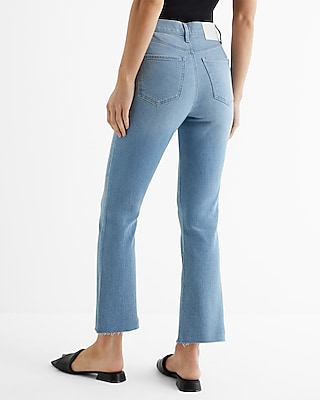 High Waisted Light Wash Raw Hem Cropped Flare Jeans