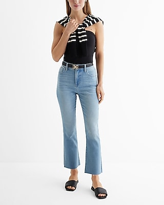 High Waisted Light Wash Raw Hem Cropped Flare Jeans