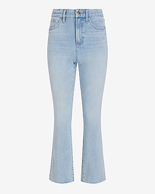 High Waisted Light Wash Raw Hem FlexX Cropped Flare Jeans