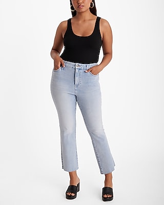 High Waisted Light Wash Raw Hem FlexX Cropped Flare Jeans