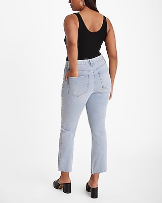 High Waisted Light Wash Raw Hem FlexX Cropped Flare Jeans