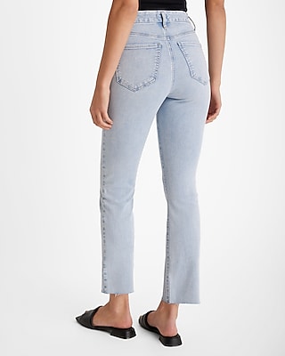 High Waisted Light Wash Raw Hem FlexX Cropped Flare Jeans