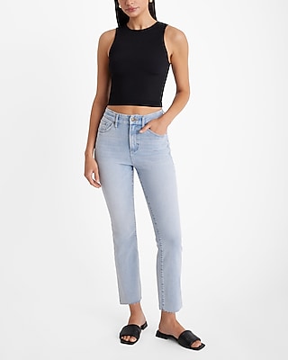 High Waisted Light Wash Raw Hem FlexX Cropped Flare Jeans