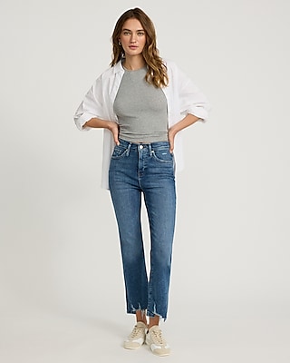 High Waisted Medium Wash Raw Hem Cropped Flare Jeans