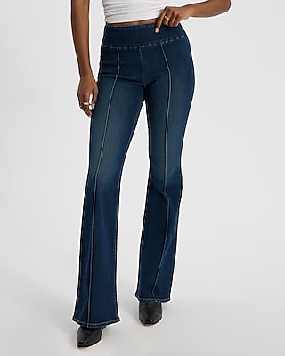 Mid Rise Dark Wash Center Seam Pull-on '70s Flare Jeans