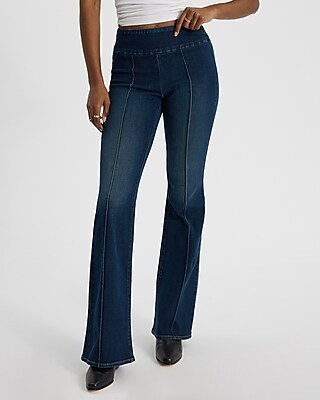 Mid Rise Dark Wash Center Seam Pull-on '70s Flare Jeans