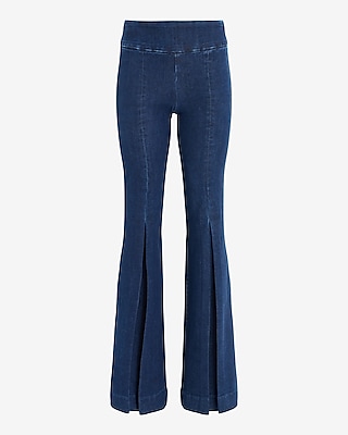 Mid Rise Dark Wash Pleated Leg Pull-On '70s Flare Jeans